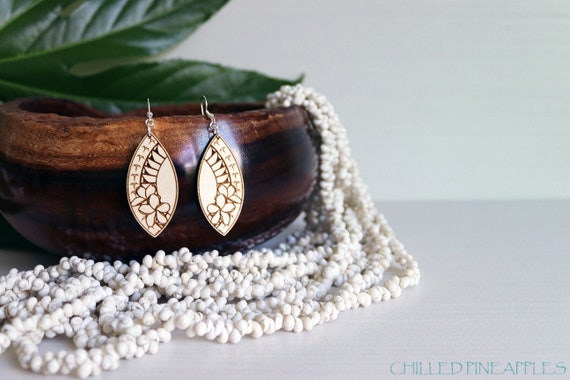 Polynesian Plumeria Frangipani Tribal Leaf - Lightweight Birch Dangle Earrings