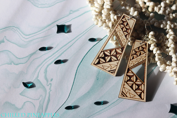 Polynesian Tapa Flower Tribal Open-Cut - Long, Birch, Dangle Earrings (2022 Designs)