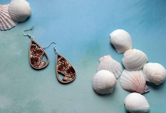 Lehua Flower Open Cut, Teardrop Earring - Hawaiian 'Ōhi'a Lehua, Wooden Earrings Small or Large