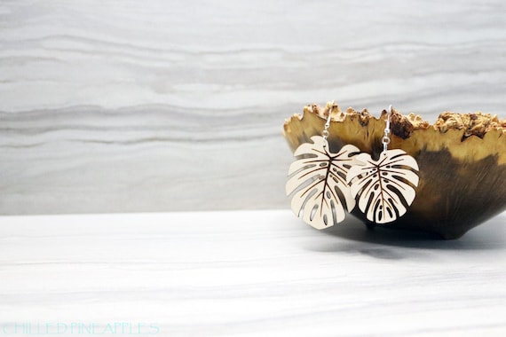 Tropical Monstera Leaf, Leaves, Plant - Laser Engraved & Cut, Dangle Earrings