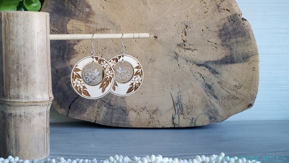 Plumeria and Maile Lei (S) - Choice of 2 Styles - Hand Drawn Circle Wood & Acrylic Dangle Earrings