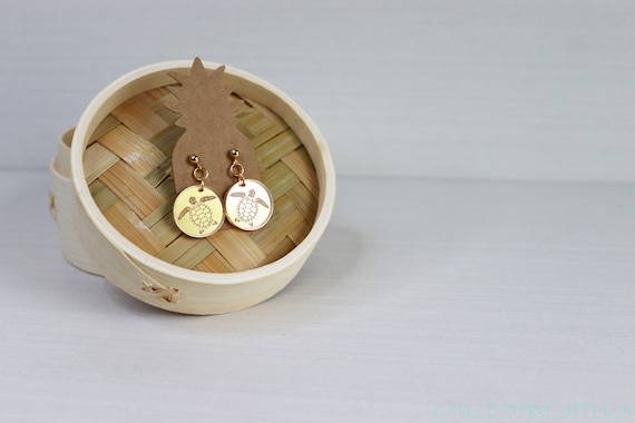 Honu Sea Turtle - Gold Mirror Acrylic Short Dangle Earring Studs