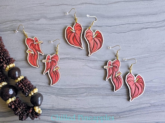Hand-Painted Anthurium Dangle Earrings: Tropical Birch Wood