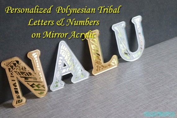 Set of FIVE 4 Inch Personalized Custom Polynesian Tribal Letters & Numbers Acrylic Mirror Decal Sticker Bumper Sticker Car Decal Emblem