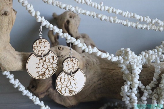 Plumeria Flower and Tribal Iwa Manu - Double Dangle Circle Earrings