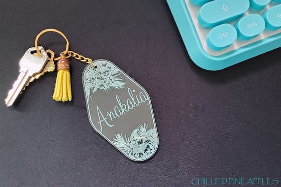 Hibiscus Personalized Vintage Hotel Style Keychain - Acrylic Name Tag Key Chain