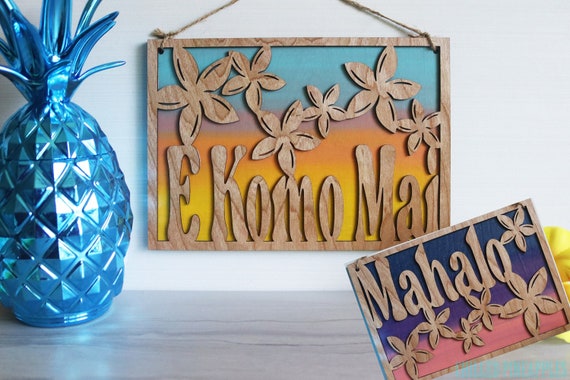 Open Closed Store Door Sign Hawaiian E Komo Mai and Mahalo Door Sign for Store or Office Plumeria Sign Handmade Two Sided Open/Close Sign