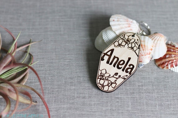 Orchid Flowers  - Personalized Vintage Hotel Style Keychain - Wooden Name Tag Key Chain