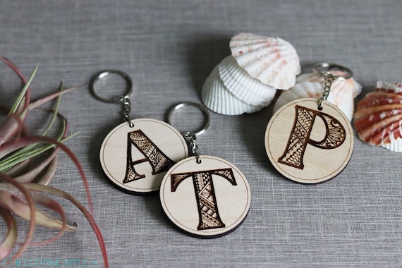 Personalized Polynesian Tribal Letter, Initial - Circle Keychain - Wooden Name Tag Key Chain