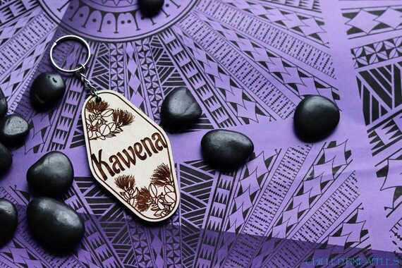 Lehua 'Ōhi'a Flower Personalized Vintage Hotel Style Keychain - Wooden Name Tag Key Chain