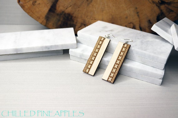 Polynesian Tribal Tapa Flower - Lightweight Rectangle Earrings