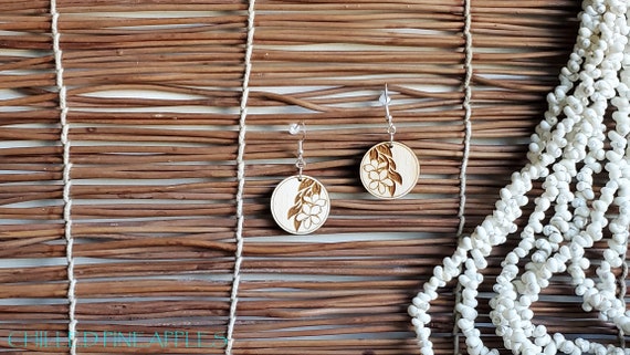 Tropical Plumeria & Maile Lei, Small Circle Earrings - Hand Drawn, Laser Engraved, Earrings
