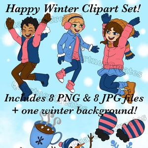 Happy winter clipart set, Snow fun with friends, Hot cocoa, Snowman, December clip art, png files, Digital downloads