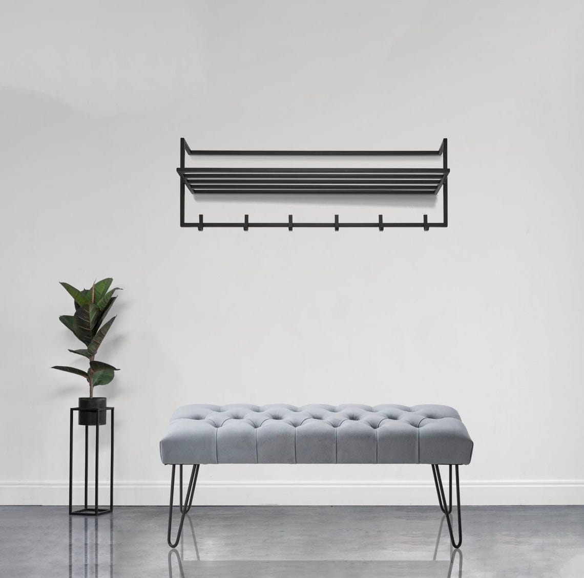 Modern Black Metal Wall Mount Coat Rack With Shelf: Industrial Entryway ...