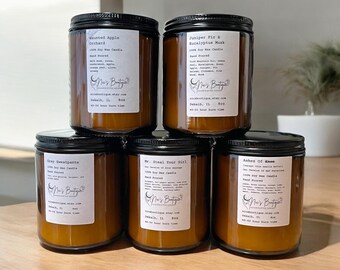 Soy Wax Wooden Wick Handcrafted Handmade 8oz 100% Soy Wax Clean Burn Minimalist Amber Jar With Lid Candles 40+ Hour Burn Time
