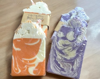 Sunday Funday Mimosa Lavendel Salie Frosted Swirl Paars Oranje Handgemaakte Koud Proces Zeep Hydraterend Hydraterend Handgemaakt