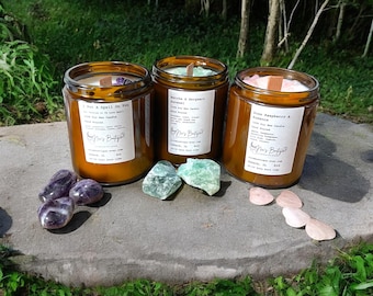Crystal Healing Soy Wax Wooden Wick Handcrafted Handmade 8oz 100% Soy Wax Clean Burn Minimalist Amber Intention Candles 40+ Hour Burn Time
