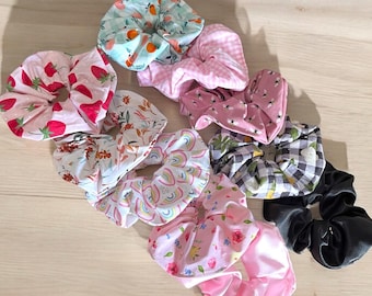 Handmade Large Colorful Spring Floral Cotton Satin Elastic Statement Oversized 90s Vibes Hair Tie Scrunchie