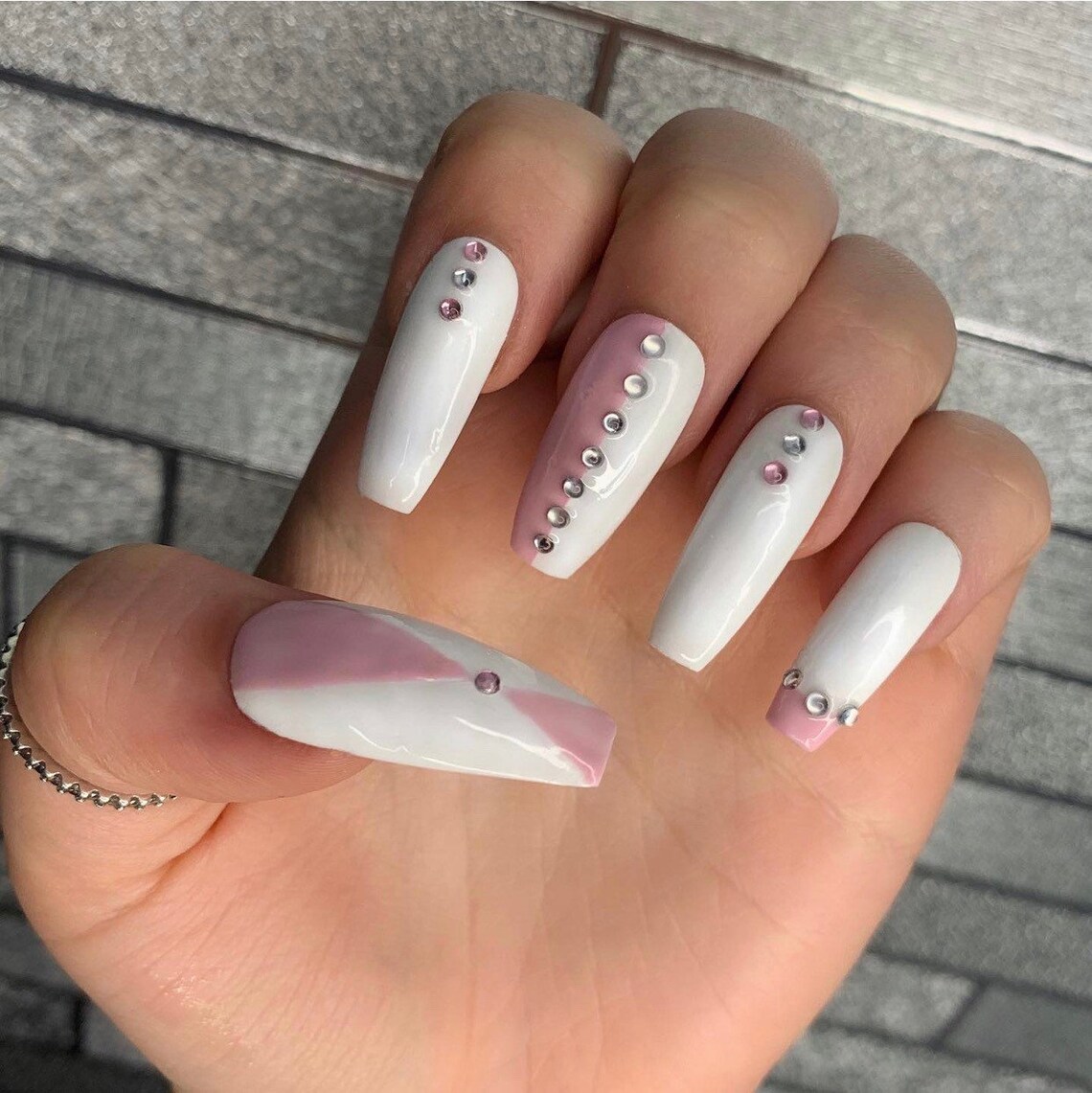 Baby pink & white press on nails with gem design | Etsy
