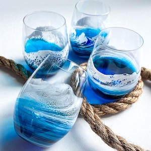Wine Glasses | Stemless Wine Glasses | Beach House Decor | Ocean Wine Glasses | Hostess Gift | Housewarming Gift | Girls Weekend | Tropical