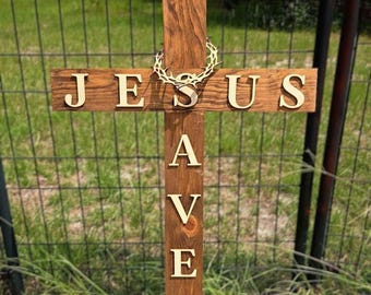 Jesus Saves Wooden Cross | Handmade Christian Wall Decor | Rustic Farmhouse Cross | Religious Gift | Christian Home Decor