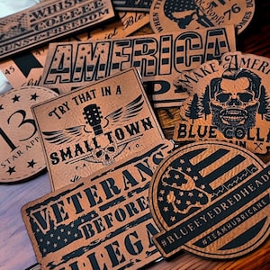 CUSTOM LEATHER PATCHES, iron on patches, business logos,leatherette patches, laser engraved,  hat personalization