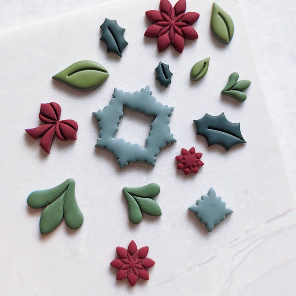 Polymer clay jewellery cutters - Christmas wreath kit - Holly, mistletoe, poinsettia, ribbon - individual and set