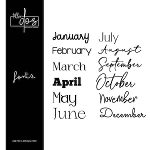 Puede incluir: Una imagen de dise&ntilde;o gr&aacute;fico que presenta los meses del a&ntilde;o en diferentes fuentes. El texto dice "Enero, Febrero, Marzo, Abril, Mayo, Junio, Julio, Agosto, Septiembre, Octubre, Noviembre, Diciembre".