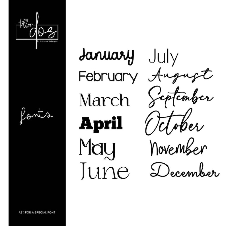 Puede incluir: Una imagen de dise&ntilde;o gr&aacute;fico que presenta los meses del a&ntilde;o en diferentes fuentes. El texto dice "Enero, Febrero, Marzo, Abril, Mayo, Junio, Julio, Agosto, Septiembre, Octubre, Noviembre, Diciembre".