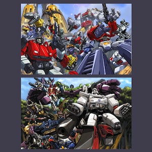 Op de afbeelding: Een groep Transformers-robots in een gevechtsscène. De Autobots bevinden zich bovenaan, de Decepticons onderaan. De Autobots worden geleid door Optimus Prime, die in het midden van de afbeelding staat. De Decepticons worden geleid door Megatron, die aan de linkerkant van de afbeelding staat.