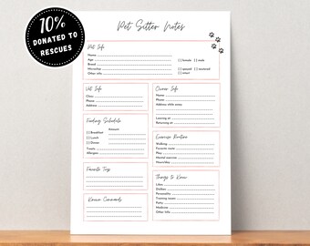 Notas del cuidador de perros imprimible, información del cuidador de mascotas, perro sitter imprimible, hoja de información de mascotas, información del cuidado del animal doméstico, lista de verificación del cuidador de mascotas, forma del cuidador del perro,