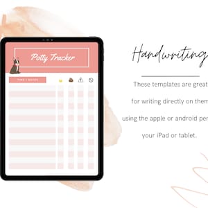 Puede incluir: Un rastreador de entrenamiento para ir al ba&ntilde;o para perros, imprimible digitalmente. El rastreador tiene un fondo rosa con una ilustraci&oacute;n de perro de dibujos animados y el texto "Potty Tracker". El rastreador tiene columnas para la hora y las notas, y filas para cada d&iacute;a de la semana. Tambi&eacute;n hay iconos para caca, pis y accidentes.