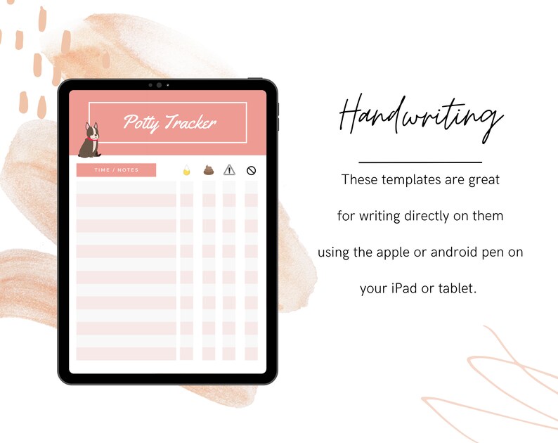 Puede incluir: Un rastreador de entrenamiento para ir al ba&ntilde;o para perros, imprimible digitalmente. El rastreador tiene un fondo rosa con una ilustraci&oacute;n de perro de dibujos animados y el texto "Potty Tracker". El rastreador tiene columnas para la hora y las notas, y filas para cada d&iacute;a de la semana. Tambi&eacute;n hay iconos para caca, pis y accidentes.