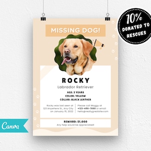 Cartel de perro perdido IMPRIMIBLE, Folleto de perro perdido, Perro perdido, Mascota desaparecida, Cartel de perro imprimible, Plantilla Canva, Personalizable imagen 1