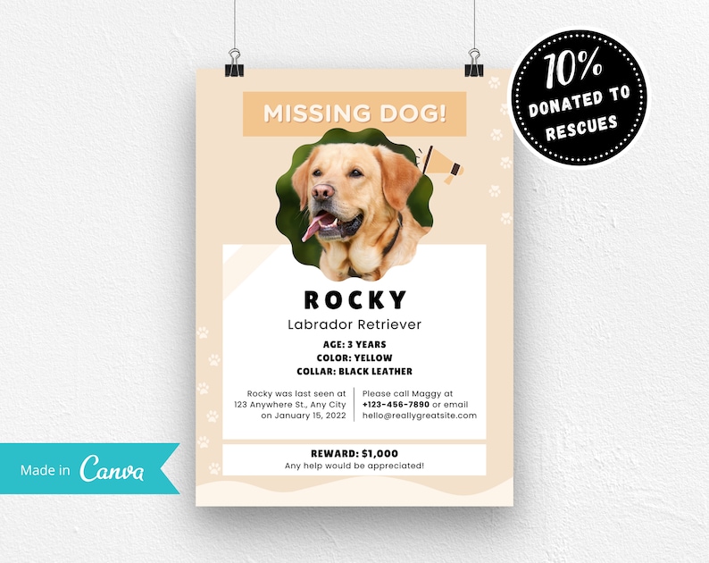 Cartel de perro perdido IMPRIMIBLE, Folleto de perro perdido, Perro perdido, Mascota desaparecida, Cartel de perro imprimible, Plantilla Canva, Personalizable imagen 1