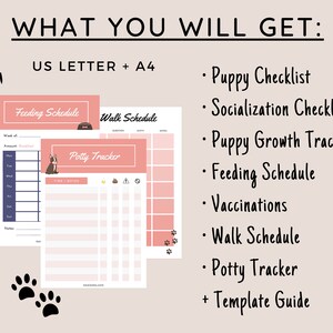 Puede incluir: Planificador de cachorro imprimible en tama&ntilde;os US Letter y A4. Incluye listas de verificaci&oacute;n para el cuidado del cachorro, la socializaci&oacute;n, el seguimiento del crecimiento, la alimentaci&oacute;n, las vacunas, los paseos y el entrenamiento para ir al ba&ntilde;o. Tambi&eacute;n incluye una gu&iacute;a de plantillas.