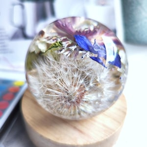 Real flower night light. Color changing epoxy resin USB night lamp. Real dandelion and dried flowers preserved in resin orb.