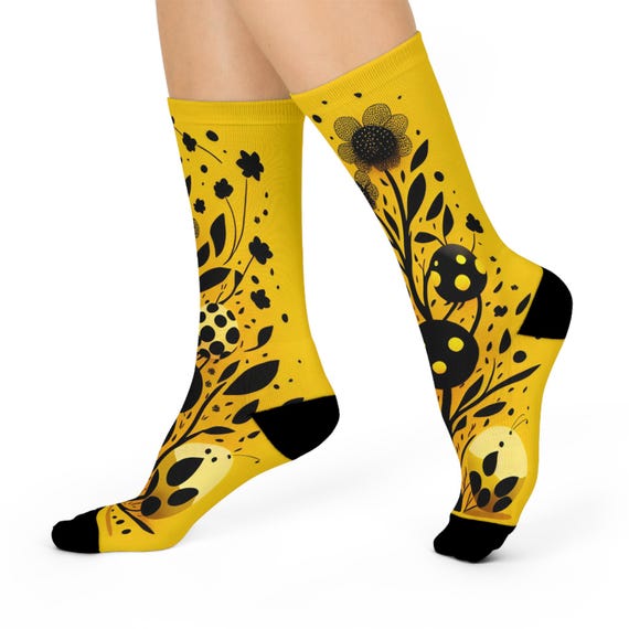 The Golden Botanical Meadow Socks- Mustard Yellow Floral & leaf silhouette Art
