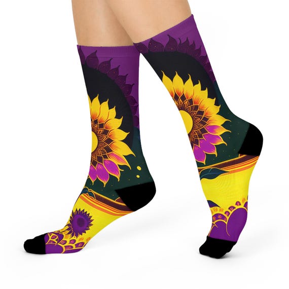 Artistic Sunflower Long Socks - Bold Purple and Gold Floral Crew socks-