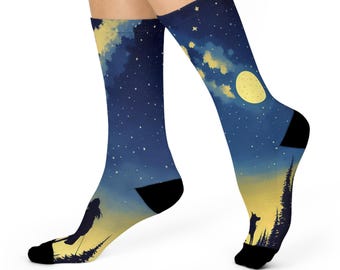 Calcetines con estampado de cielo nocturno para amantes de los perros: diseño único de siluetas. Regalo ideal para dueños de mascotas.