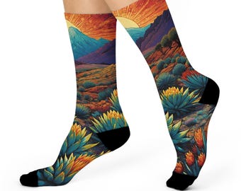 Golden Agave Desert Sunrise Crew Socks - Vibrant Southwest Landscape Art