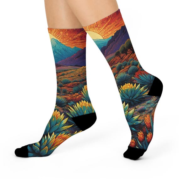 Golden Agave Desert Sunrise Crew Socks - Vibrant Southwest Landscape Art
