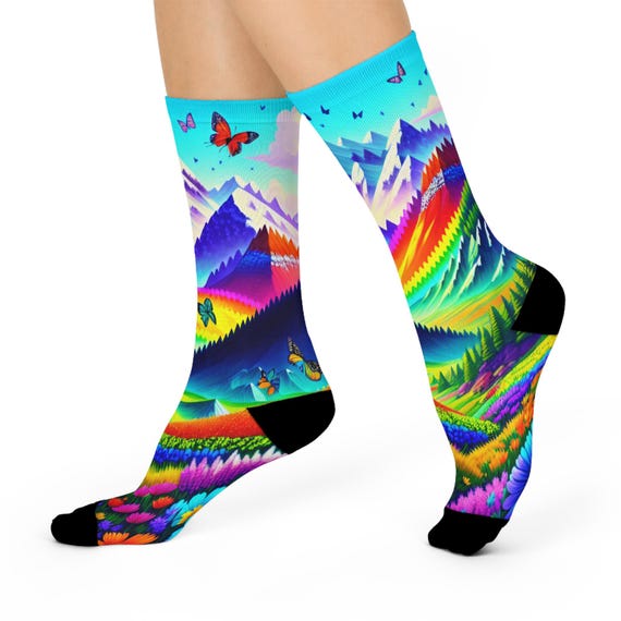 Rainbow Alpine Mountain Crew Socks-Vibrant Butterfly and Snowy Peak Art