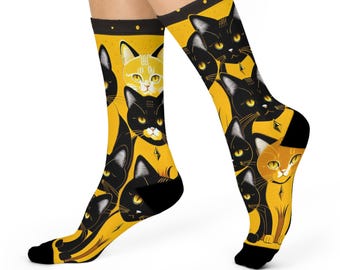 Calcetines con estampado de gato real: estampado artístico de gato negro y gato atigrado jengibre.