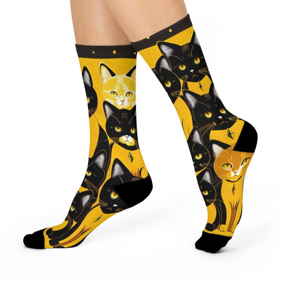 Regal Cat Pattern Socks - Artistic Black Cat and Ginger Tabby Print