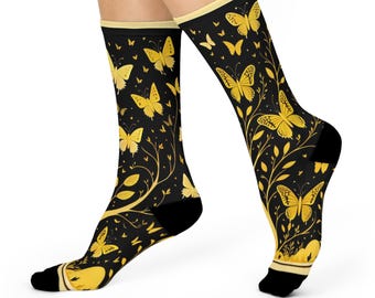 Calcetines altos hasta la rodilla con mariposa dorada - Calcetines artísticos negros y dorados, diseño inspirado en la naturaleza, un par de calcetines llamativos.