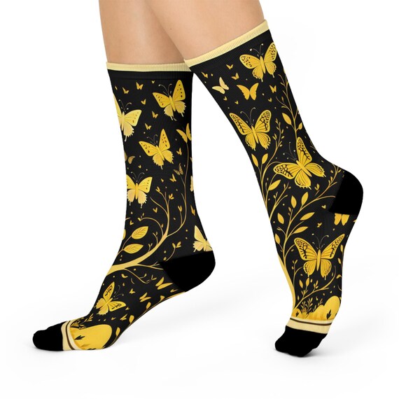 Gold Butterfly Knee- High Socks- black and Gold Art Socks, Nature Inspired Design, Pair of Statement Socks.
