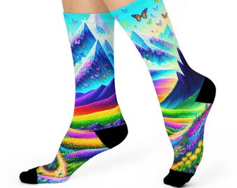 Calcetines Rainbow Alpine Mountain Crew - Diseño vibrante de mariposas y picos nevados