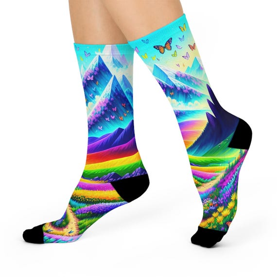 Rainbow Alpine Mountain Crew Socks - Vibrant Butterfly and Snowy Peak Art
