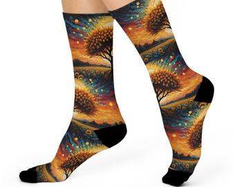 Calcetines Golden Tree of Life Crew - Paisaje Radiant Sunset and Roots Art